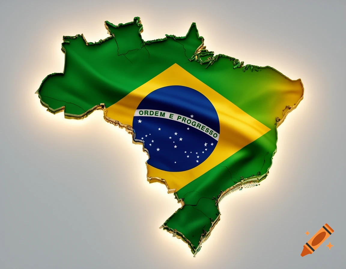 A 3D rendering of the map of Brazil, draped with its national flag featuring "Ordem e Progresso" and illuminated edges.