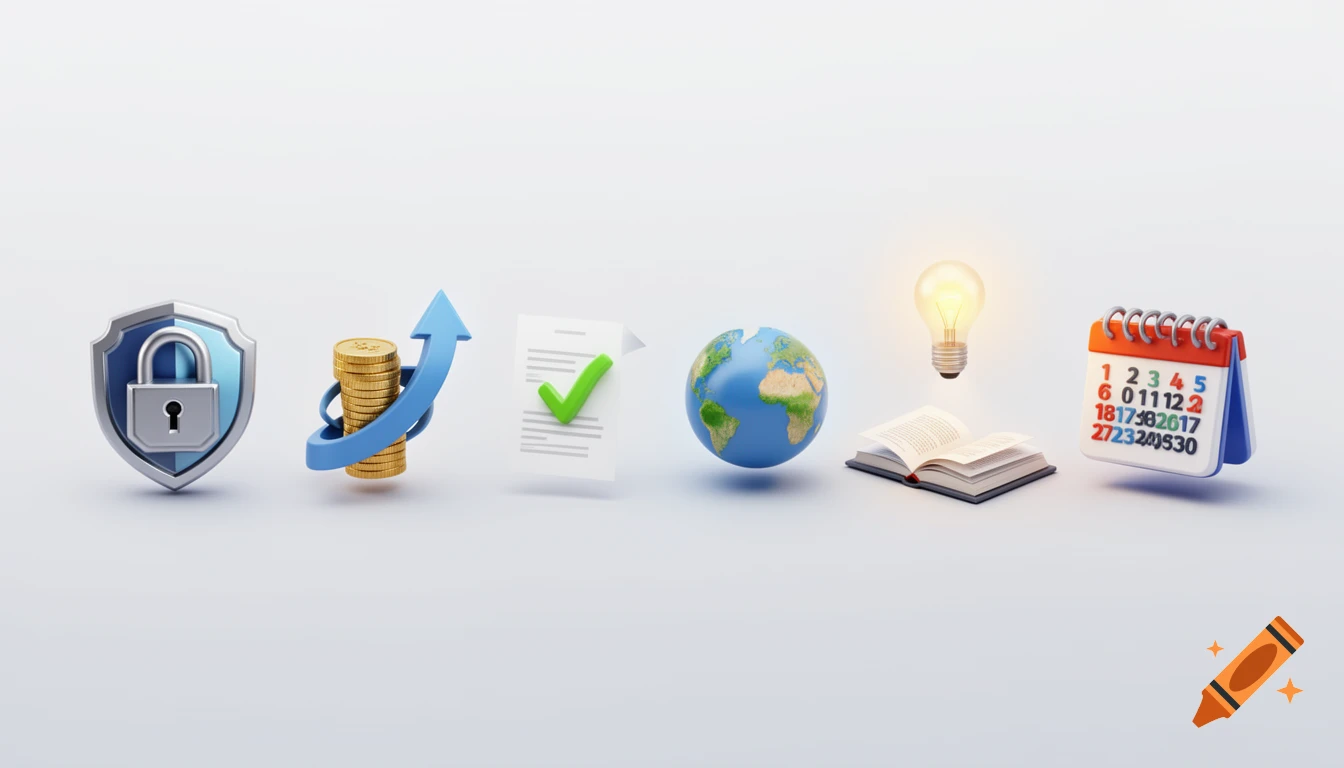 Six 3D business and financial icons including a shield with a lock, money with an arrow, a document, a globe, a book with a lightbulb, and a calendar.