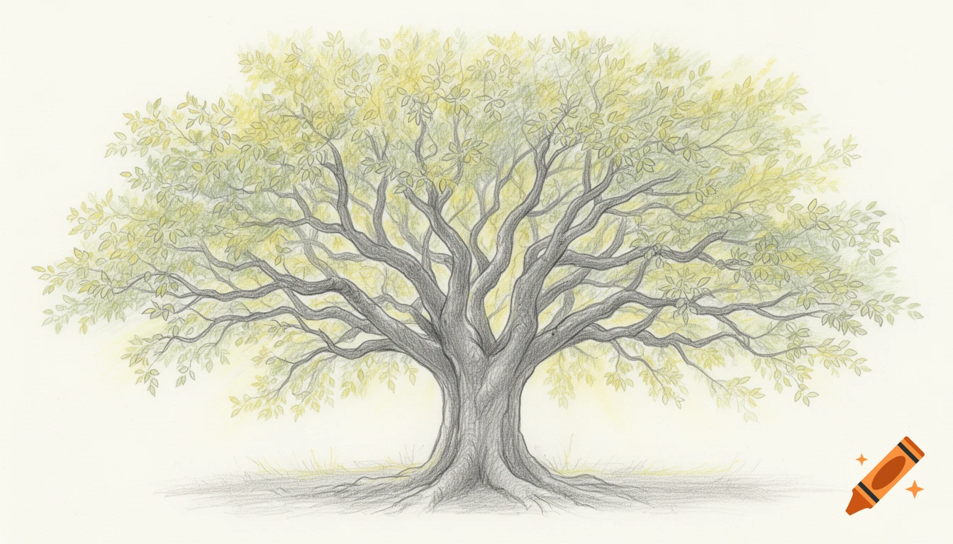 Pencil drawing of a large tree with a thick trunk and many branches and leaves, using soft, blended green and yellow colors.