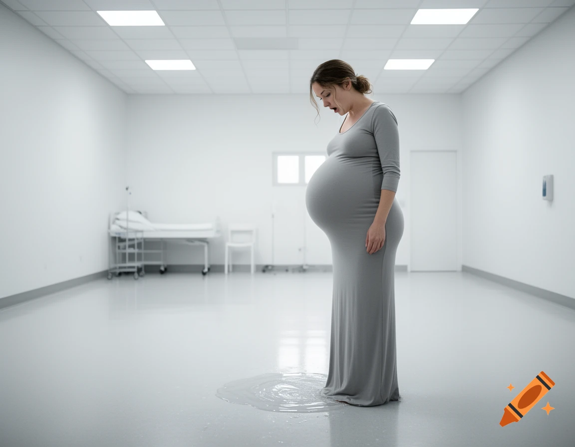 Photorealistic image of a heavily pregnant woman in a grey dress, standing in a sterile white room with her water broken, looking down at a puddle on the floor. A hospital bed is in the background.