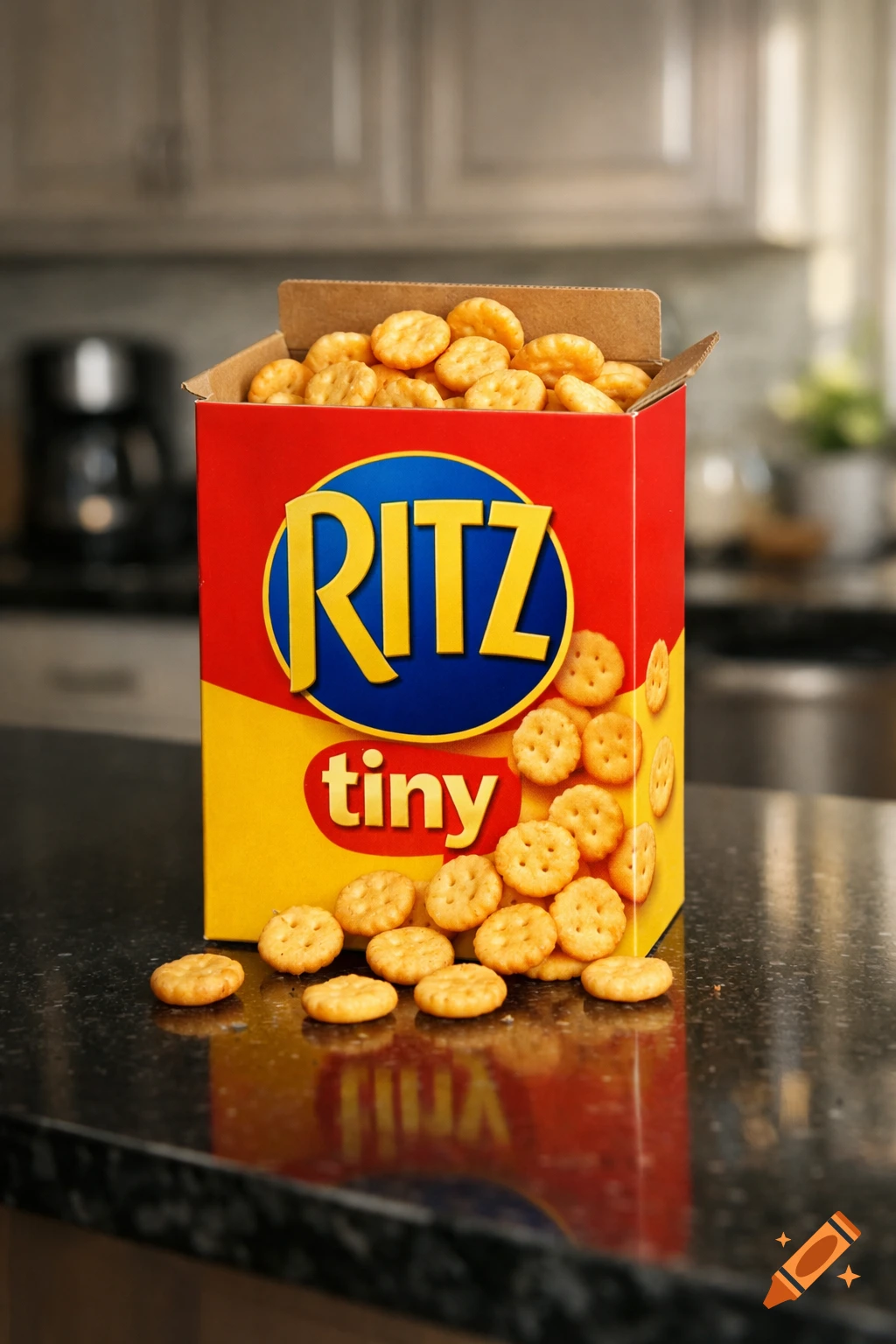 Photorealistic image of an open box of Ritz Tiny crackers overflowing on a black kitchen counter.