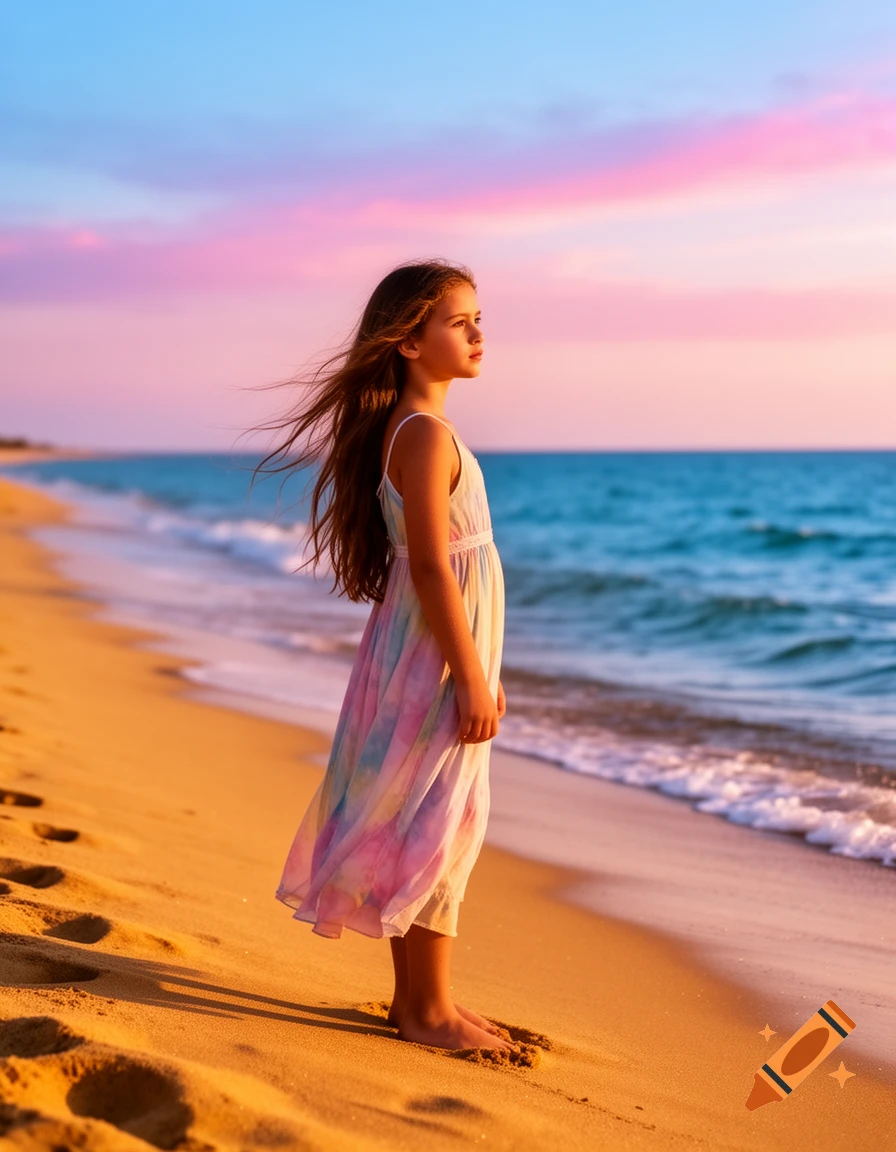 A young girl in a flowing colorful dress stands barefoot on a sandy beach, looking out at the ocean under a vibrant sunset sky.