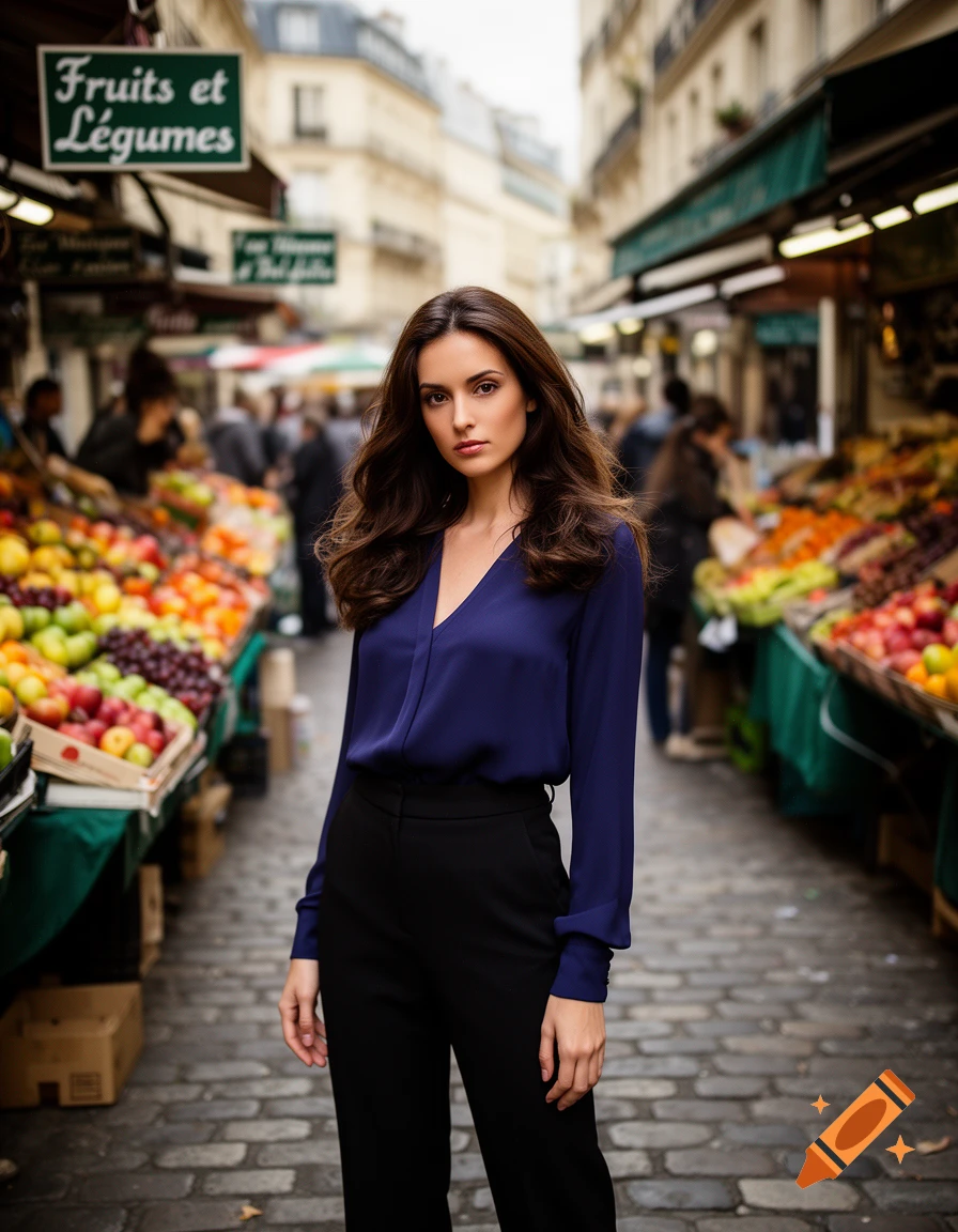 A woman in a blue blouse and black pants stands in a bustling European street market with fruit and vegetable stalls.