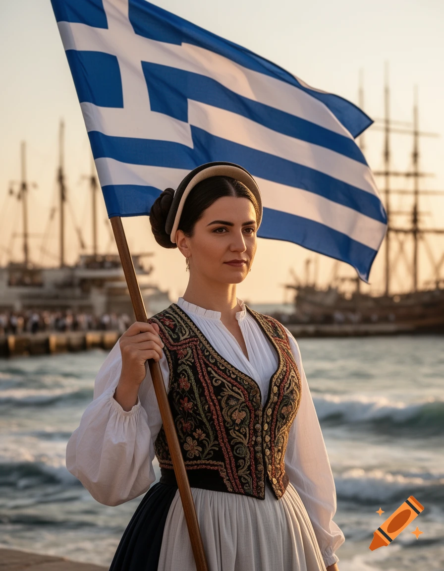A woman in traditional Greek attire holds a Greek flag by the sea with ships at sunset.