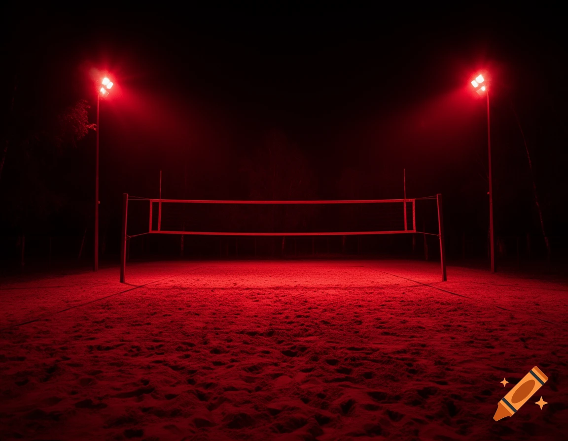 A nighttime view of a volleyball court illuminated by bright red overhead lights, casting a dark and moody atmosphere.
