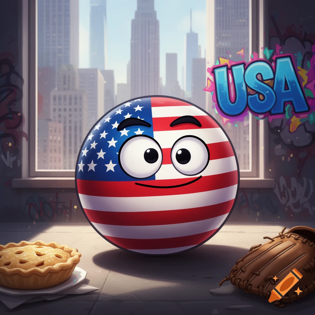 A cartoon USA countryball with big eyes and a smile, sits in front of a city skyline. An apple pie and a baseball glove are nearby. Text 'USA' is graffiti on the wall.