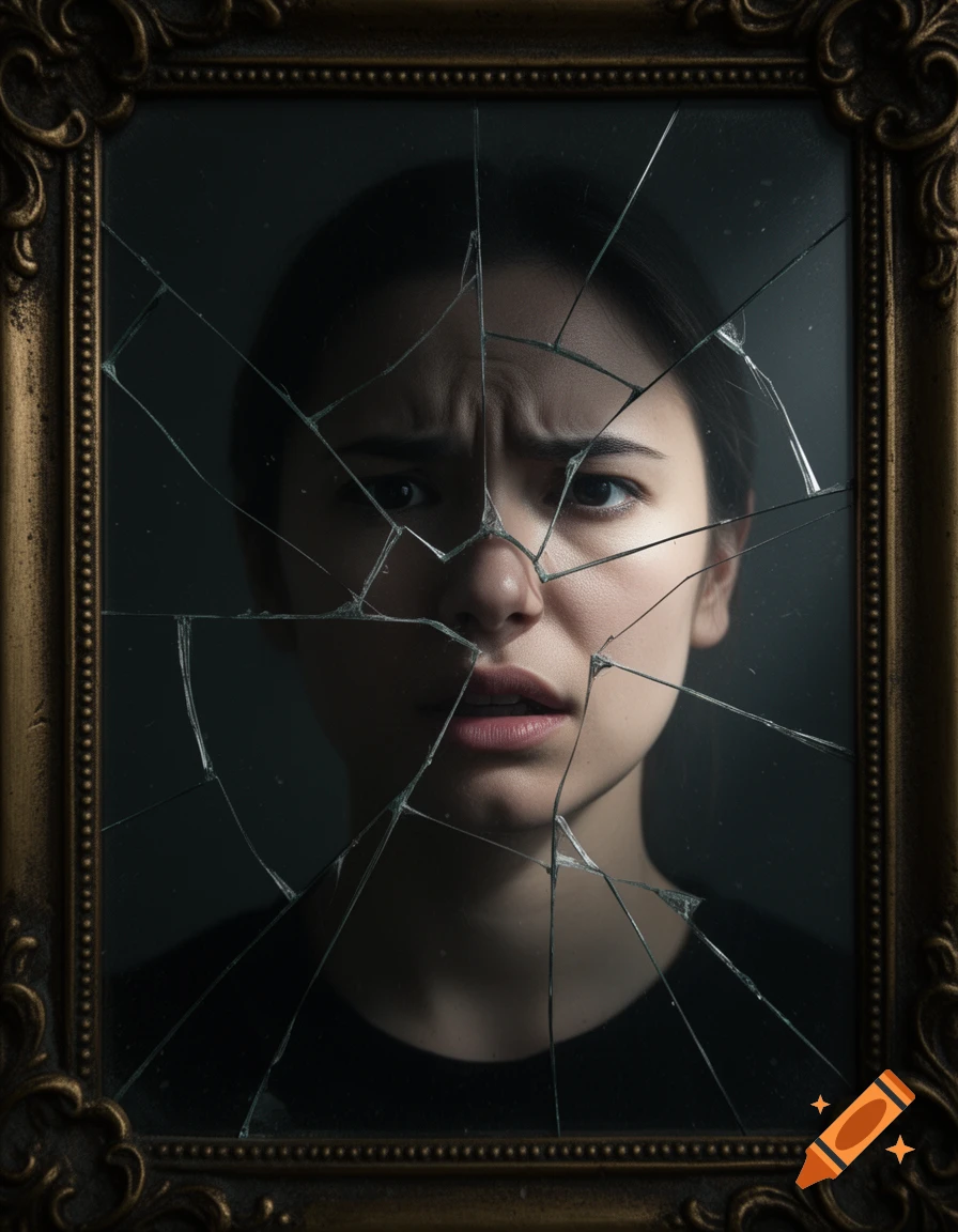 Close-up of a person's distressed face reflected in an ornate, broken mirror, symbolizing pain.