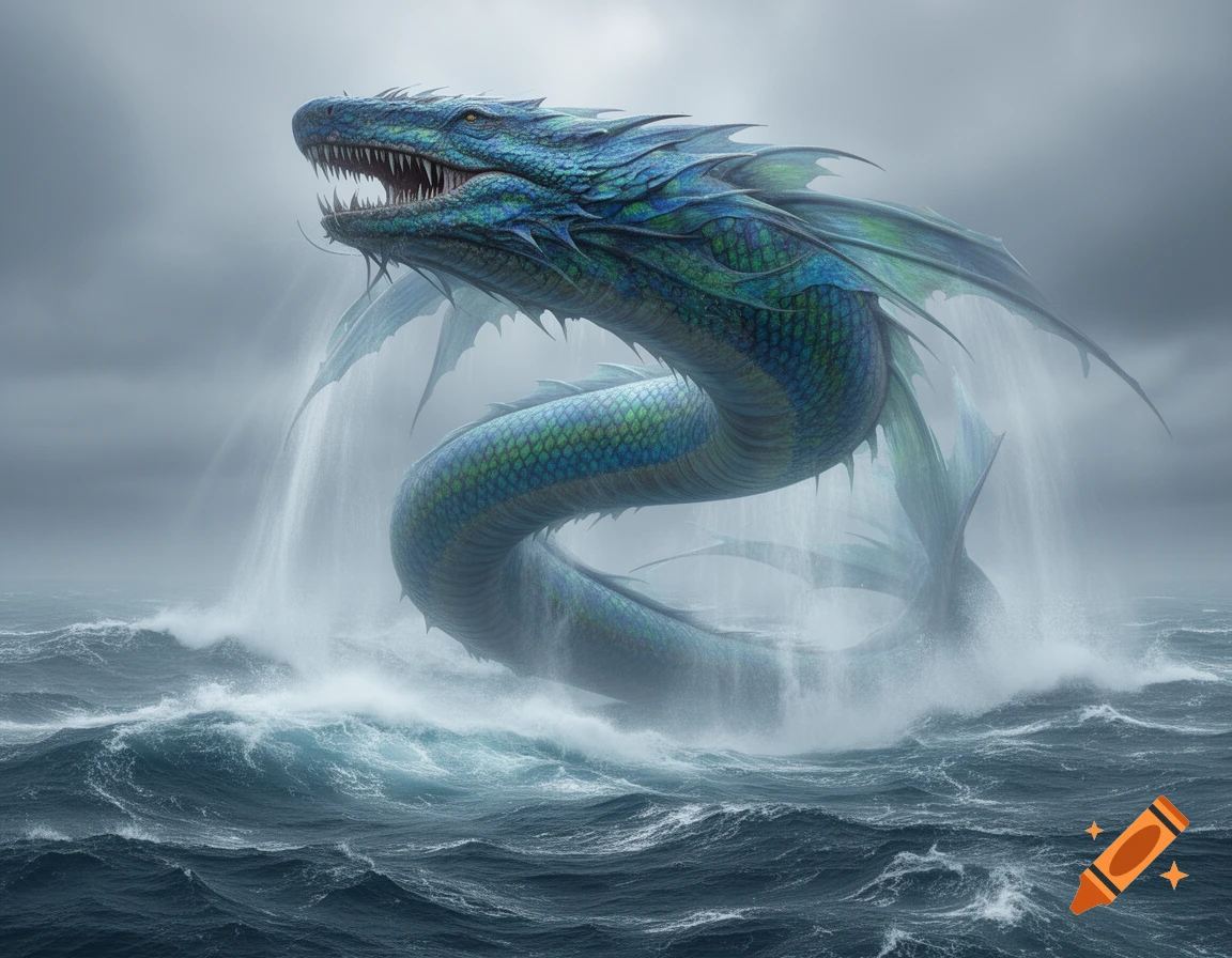 A colossal blue and green serpentine leviathan emerges from a turbulent grey ocean, creating a powerful splash.