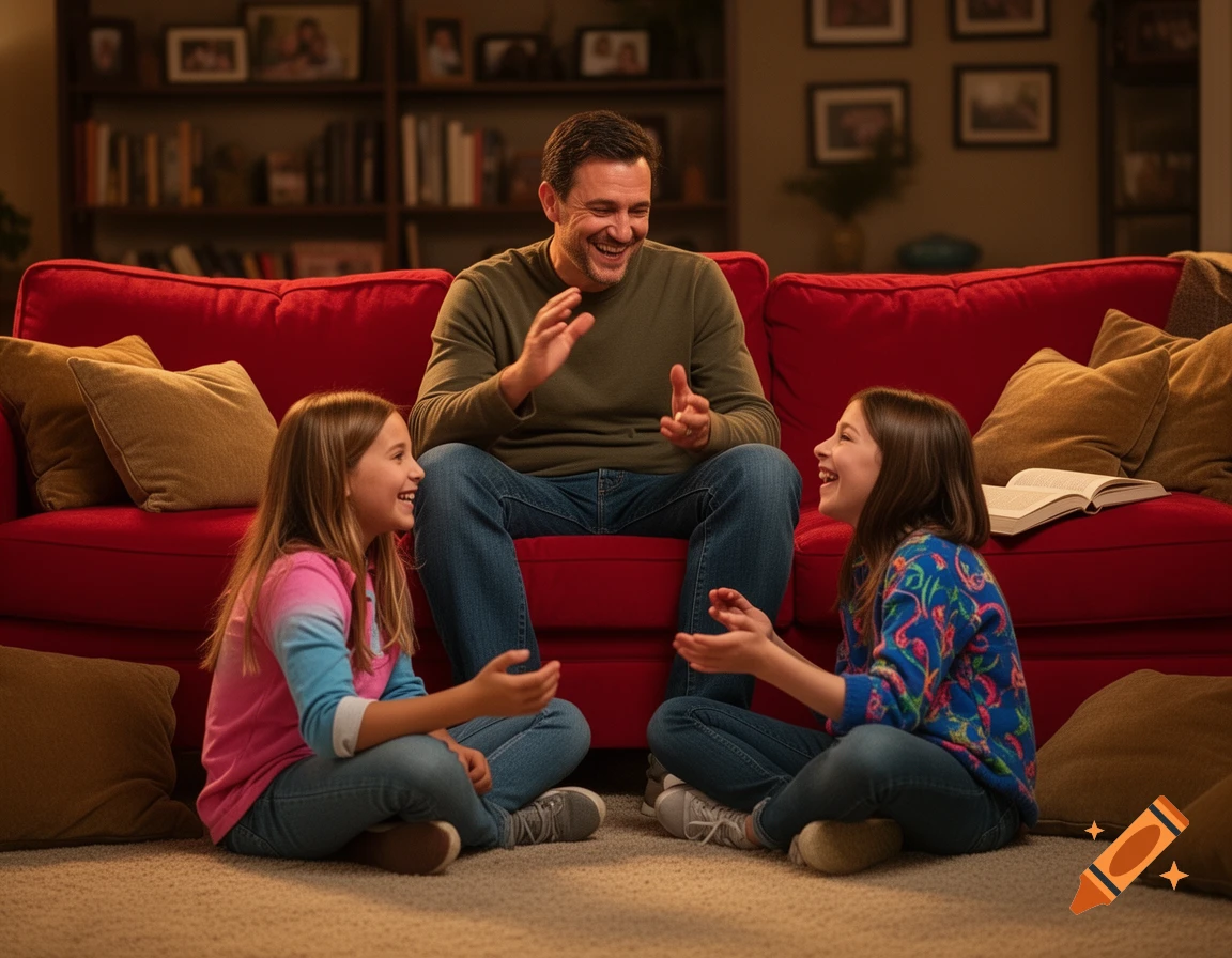 A father sits on a red couch, laughing and clapping with his two daughters playing at his feet on the carpet, in a cozy living room.