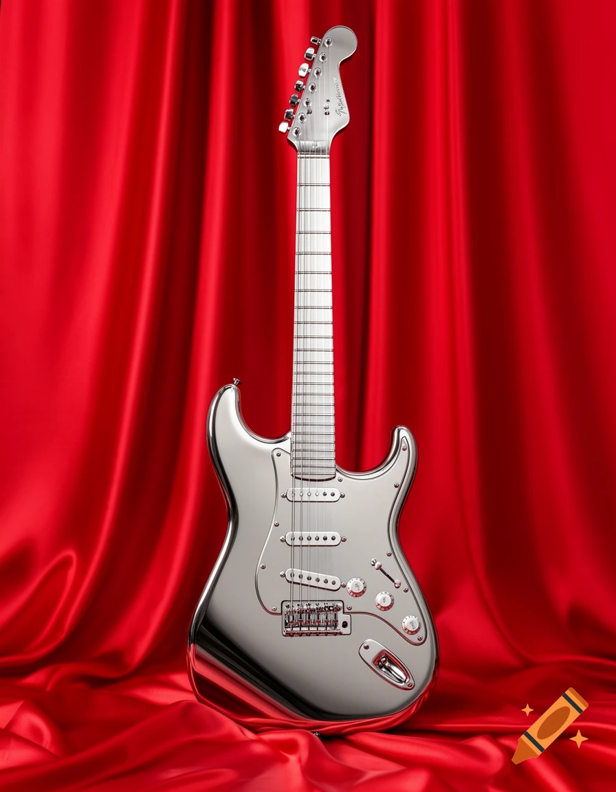 A shiny chrome Fender Stratocaster electric guitar stands vertically against a draped red silk background.