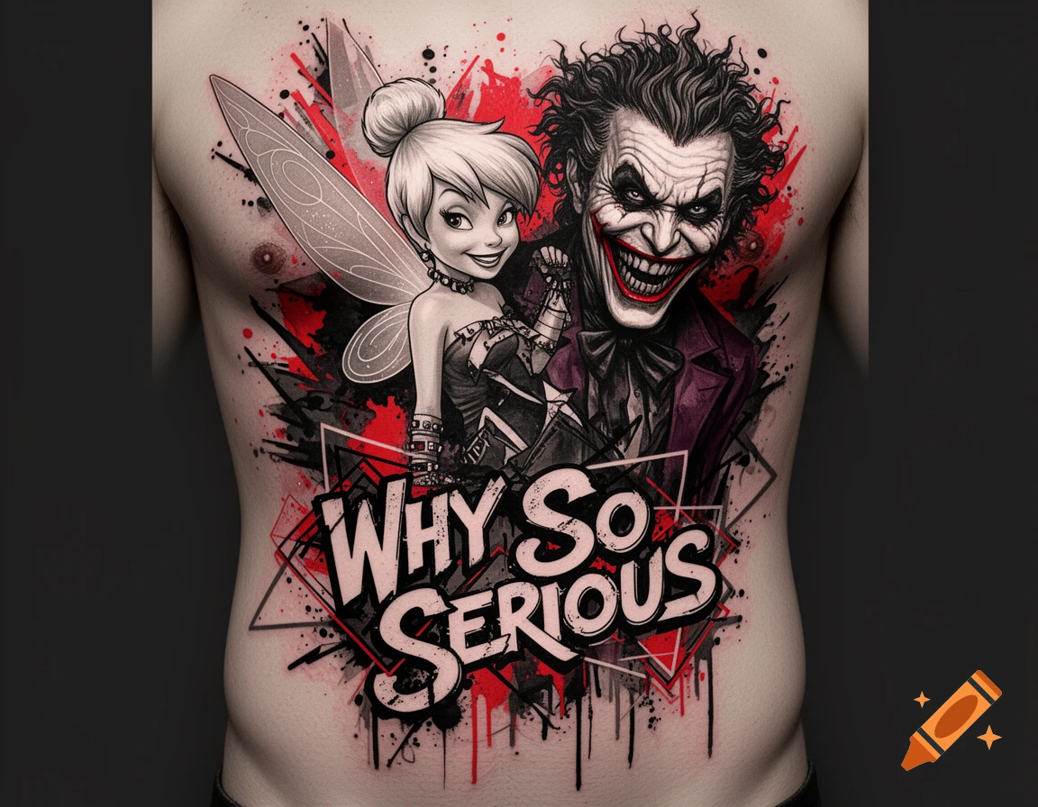 Trash polka tattoo of Tinkerbell and The Joker with 'Why So Serious' text in black and red on a bare torso.