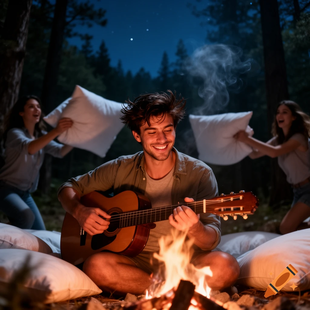 A man plays an acoustic guitar by a campfire at night in a forest, while two women have a pillow fight in the background, photorealistic.