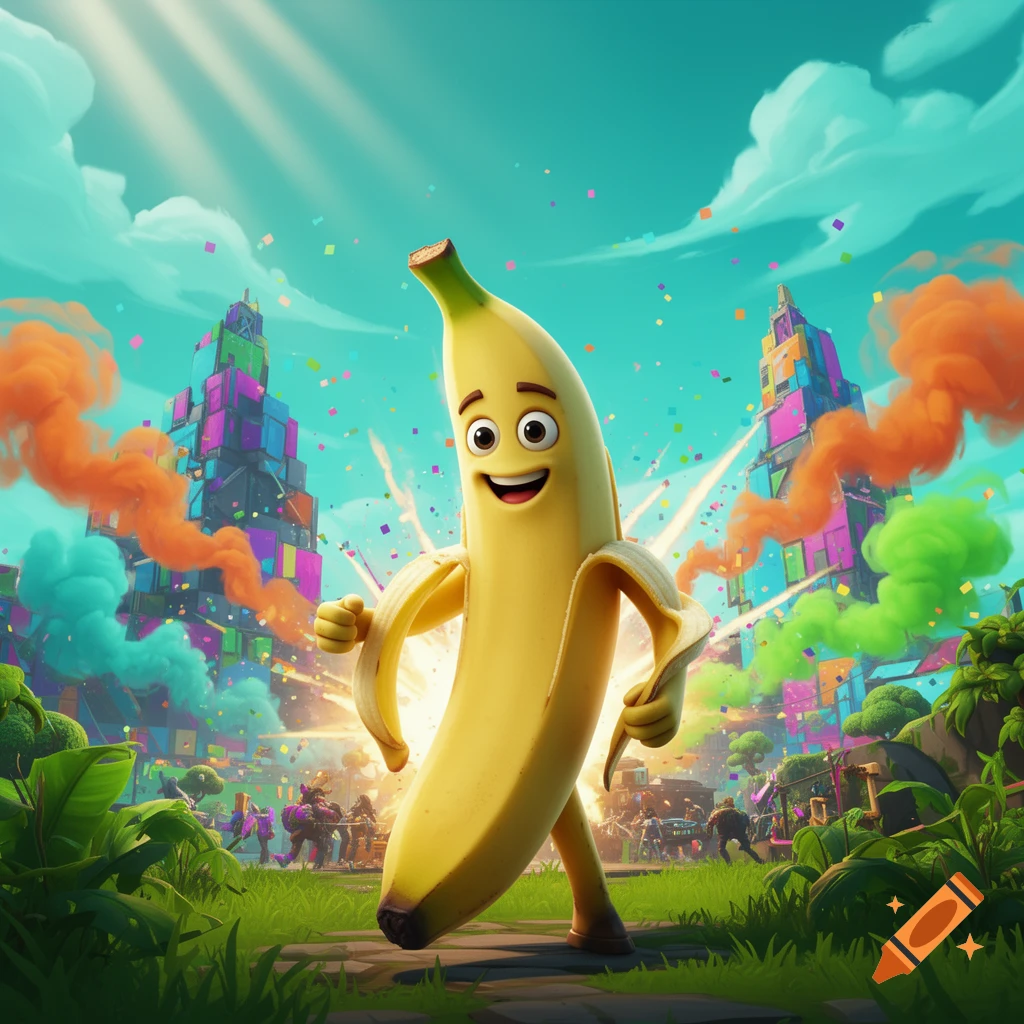 A smiling, peeled banana character from Fortnite walks through a colorful, chaotic video game landscape with confetti and explosions.