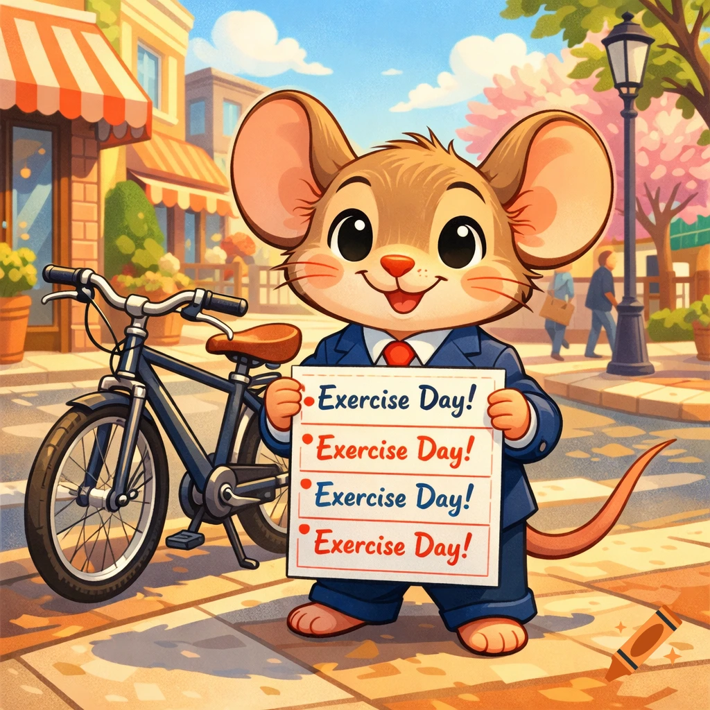A cute cartoon mouse in a suit holds a sign reading 'Exercise Day!' next to a bicycle on a sunny city street.