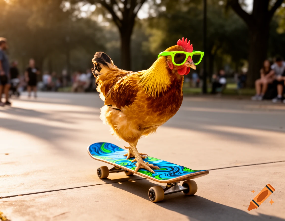 A photorealistic image of a chicken wearing neon green sunglasses, standing on a blue and green skateboard on a paved path in a park.