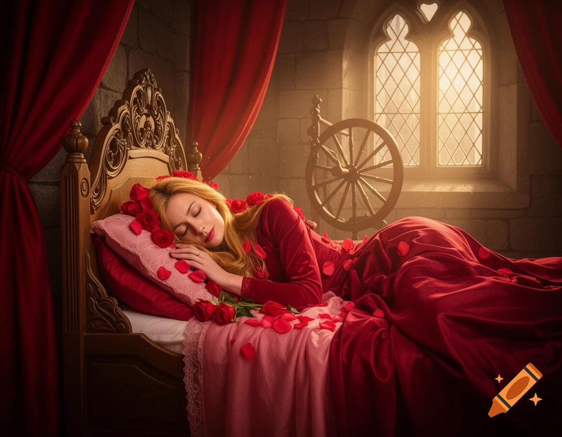 Sleeping Beauty in a red gown sleeps on a bed adorned with roses, a spinning wheel and gothic window in the background.