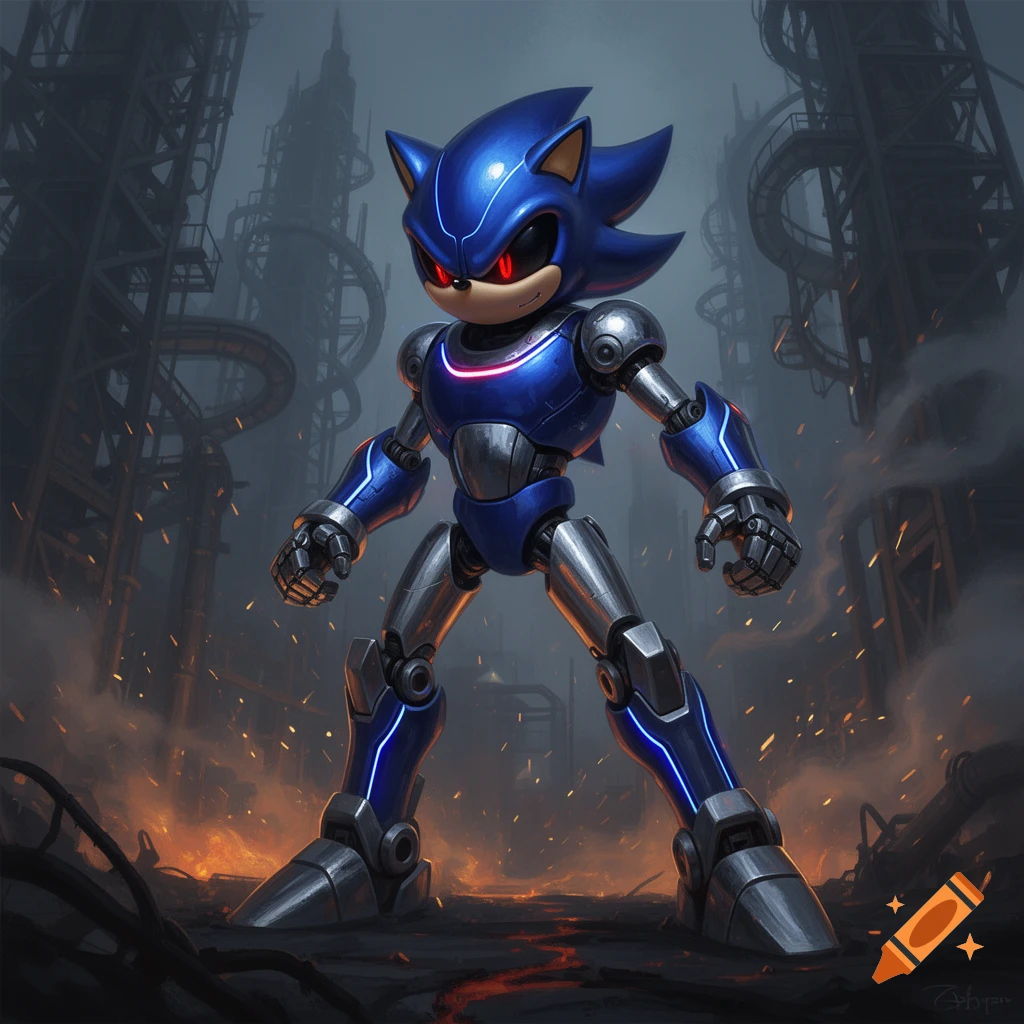 A blue and silver robotic Metal Sonic stands in a dark, industrial, futuristic landscape with glowing orange molten ground and tall structures.