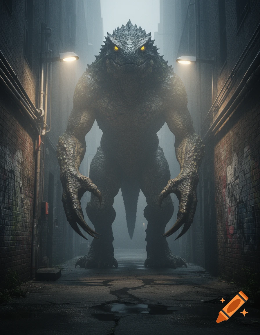 A large, scaly, dark monster with glowing yellow eyes stands menacingly in a foggy, dimly lit urban alley.