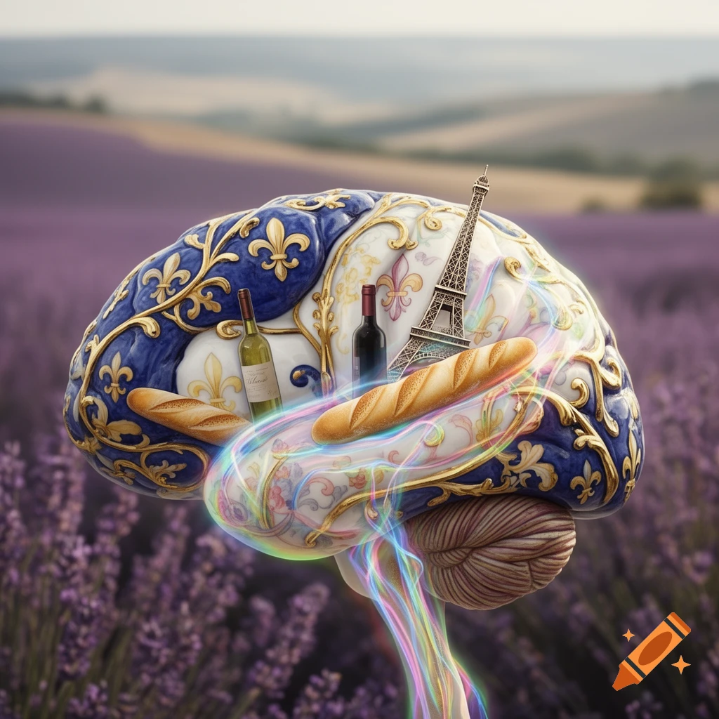 A stylized, ornate brain with French symbols like the Eiffel Tower, baguettes, and wine, glowing with colorful neural pathways in a lavender field.