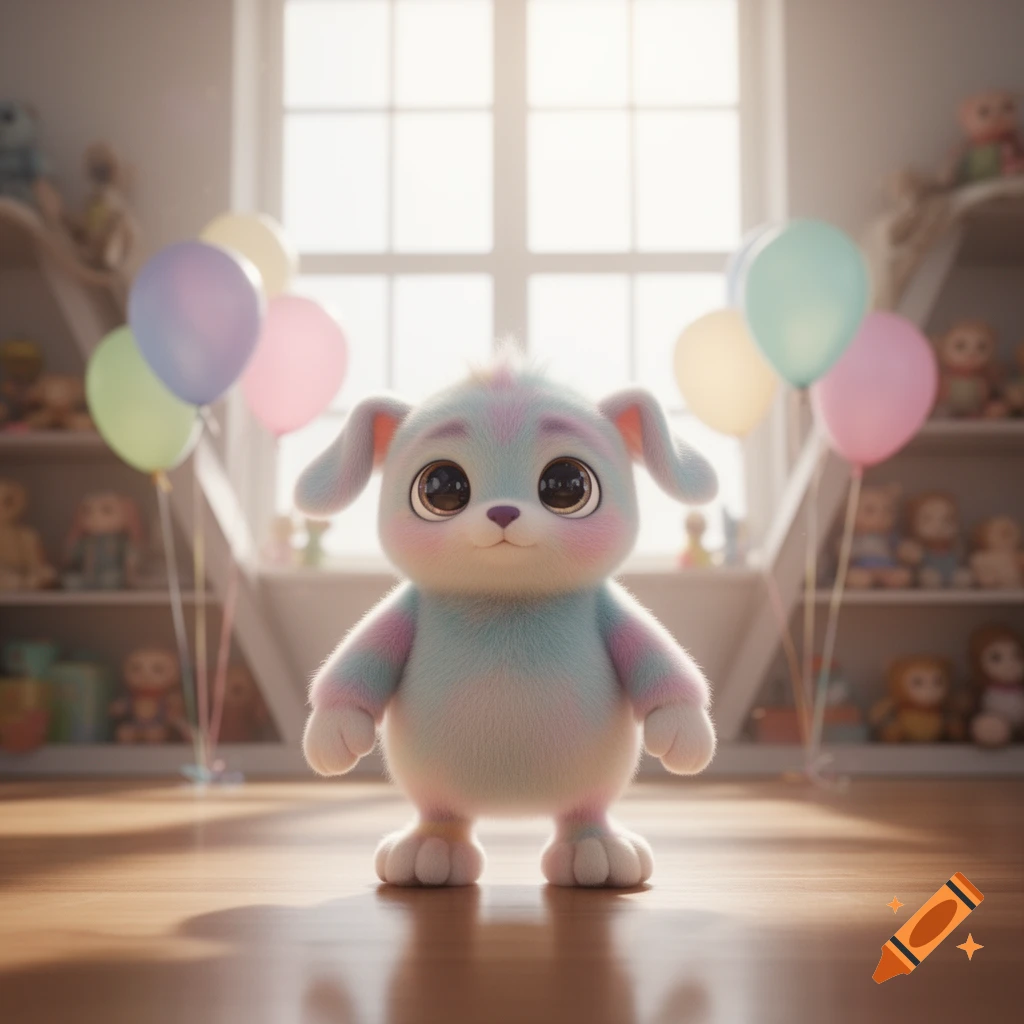 A cute, pastel-colored fluffy creature with big eyes stands on a wooden floor in a child's room with balloons and toys.