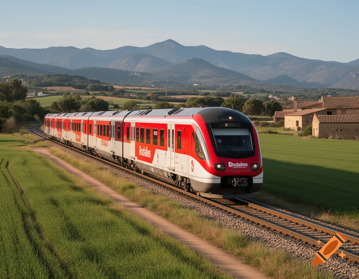 A red and white modern train travels on tracks through green fields with mountains in the background under a clear sky.