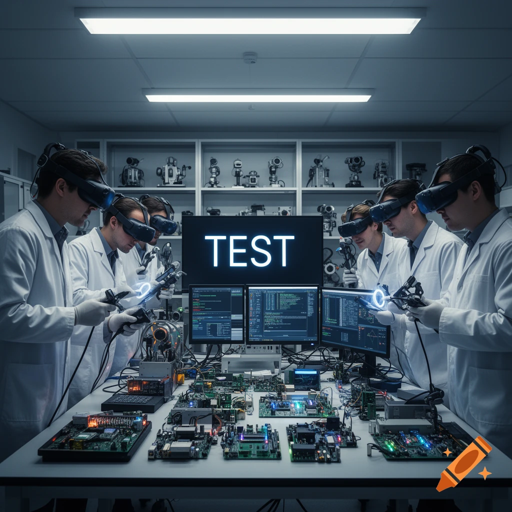 Three scientists in lab coats and VR headsets work on circuit boards in a high-tech lab, with a screen showing 'TEST'.