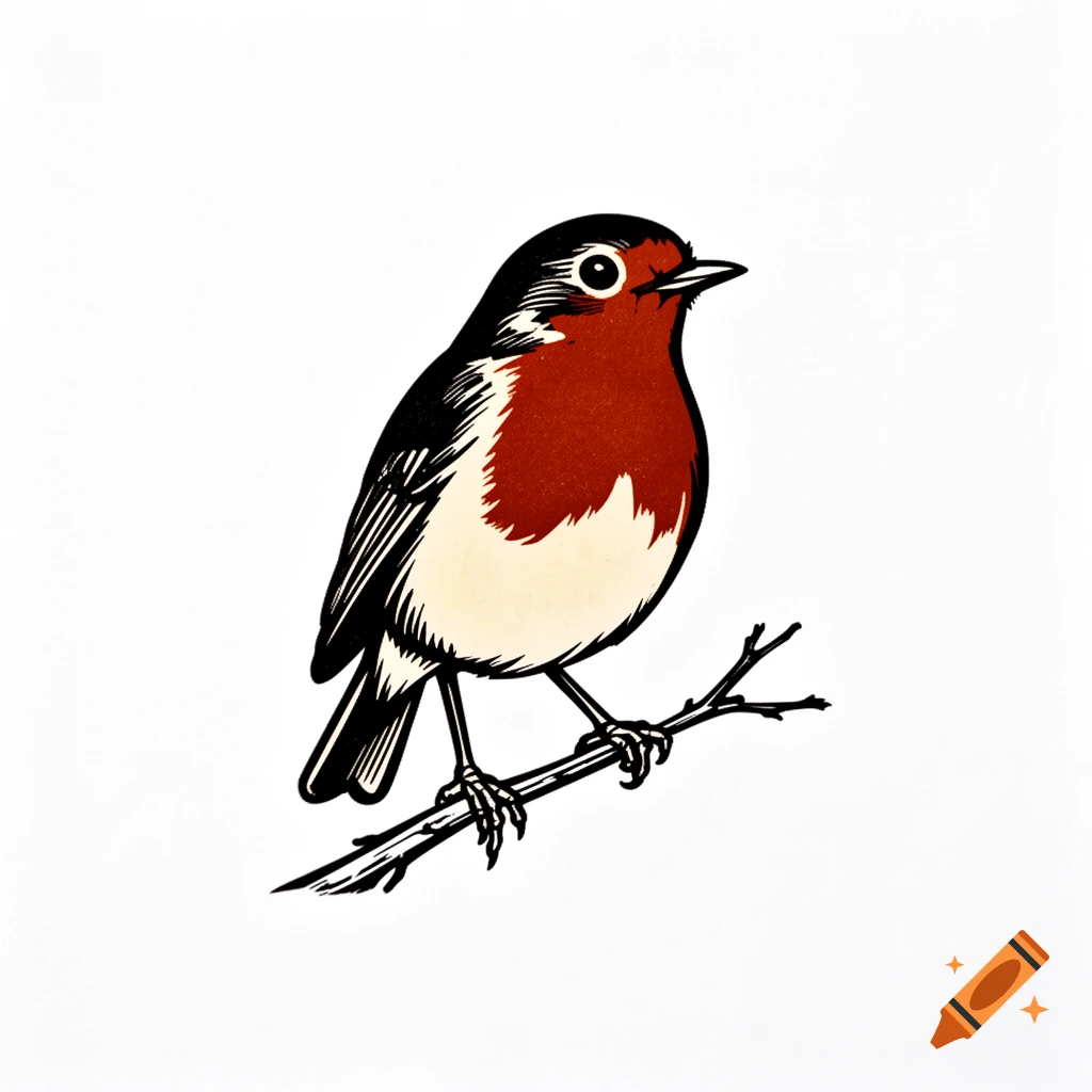 A linocut woodblock print of a European Robin with a rust-red breast, black back, and cream belly, perched on a twig, isolated on a white background.