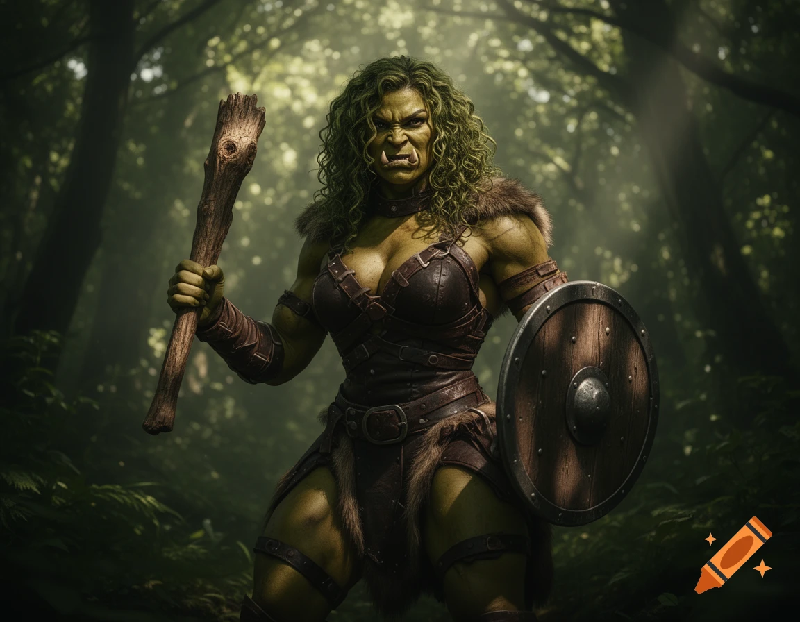 A muscular female half-orc warrior, clad in leather armor, holding a wooden club and shield in a deep forest.