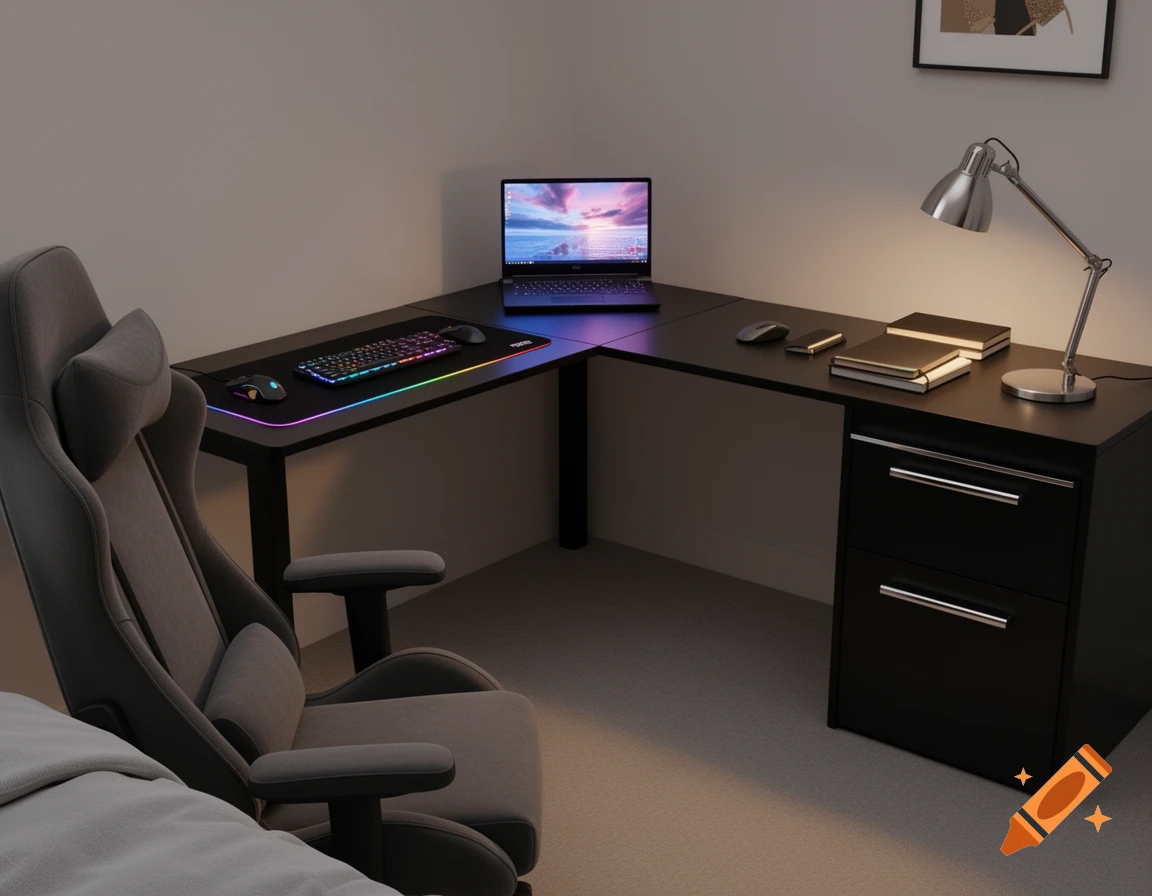 A dark-lit corner gaming and home office setup with an L-shaped desk, a laptop, a backlit keyboard, mouse, and a gaming chair.