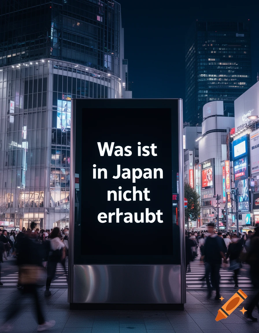 A night street scene in a Japanese city with blurred pedestrians and a prominent billboard displaying 'Was ist in Japan nicht erlaubt'.