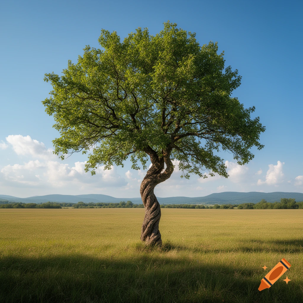 A single twisted tree stands in a golden field under a clear blue sky with white clouds and distant mountains.