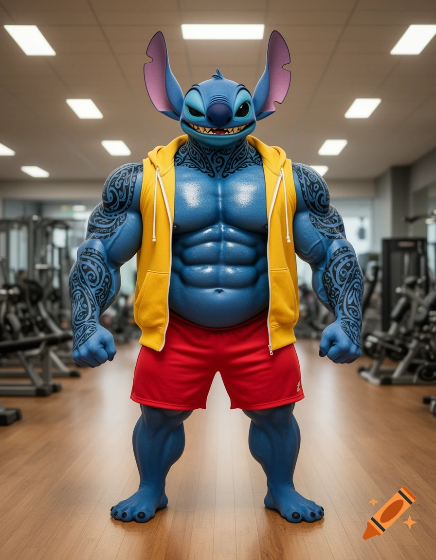 A muscular, blue Stitch from Lilo & Stitch with Polynesian tattoos and a yellow open hoodie, wearing red shorts, posing in a gym.