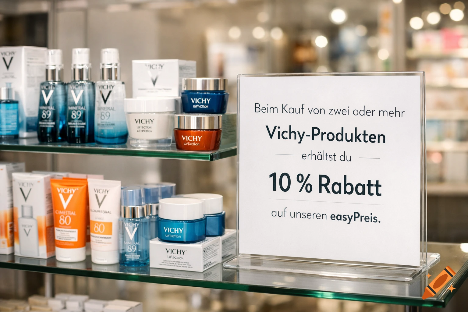 Vichy cosmetic products displayed on glass shelves in a store, with a sign announcing a 10% discount.