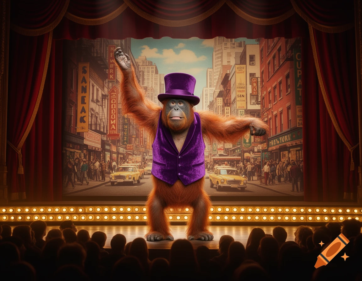 A charismatic orangutan in a purple top hat and vest performs on a brightly lit stage in front of a city backdrop and silhouetted audience.