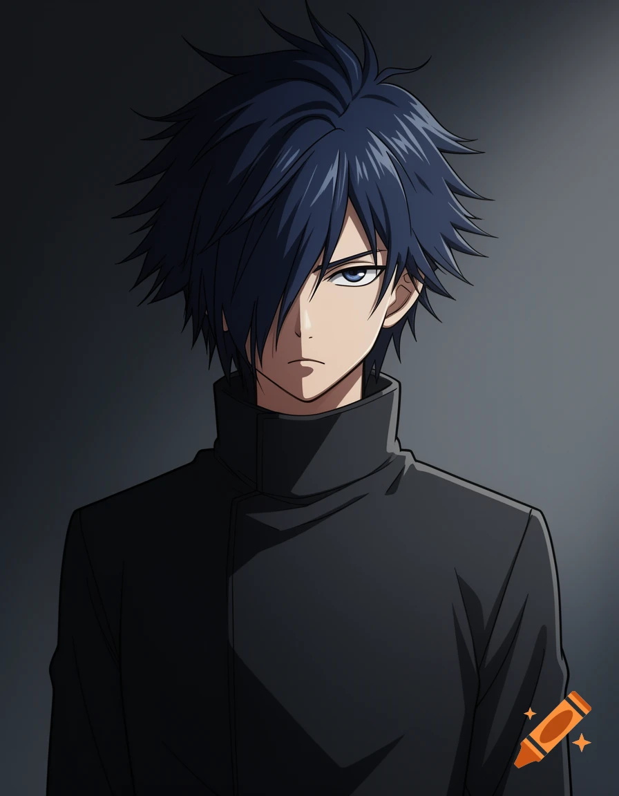 Anime boy with dark blue spiky hair, long bangs covering one eye, and a serious expression, wearing a dark high-collar jacket.