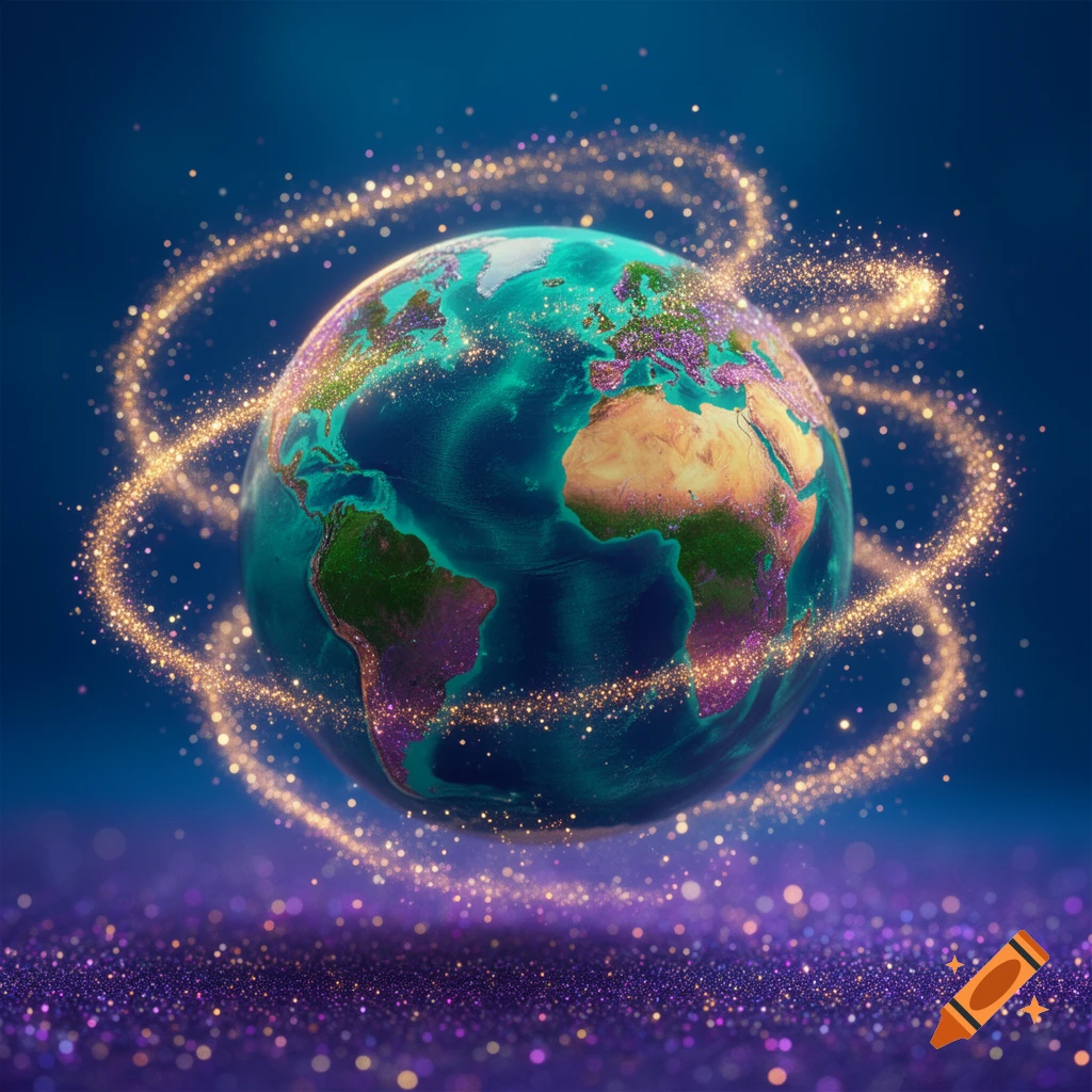 A vibrant, stylized globe of Earth with glowing continents, surrounded by swirling golden glitter on a deep blue background with purple glitter below.