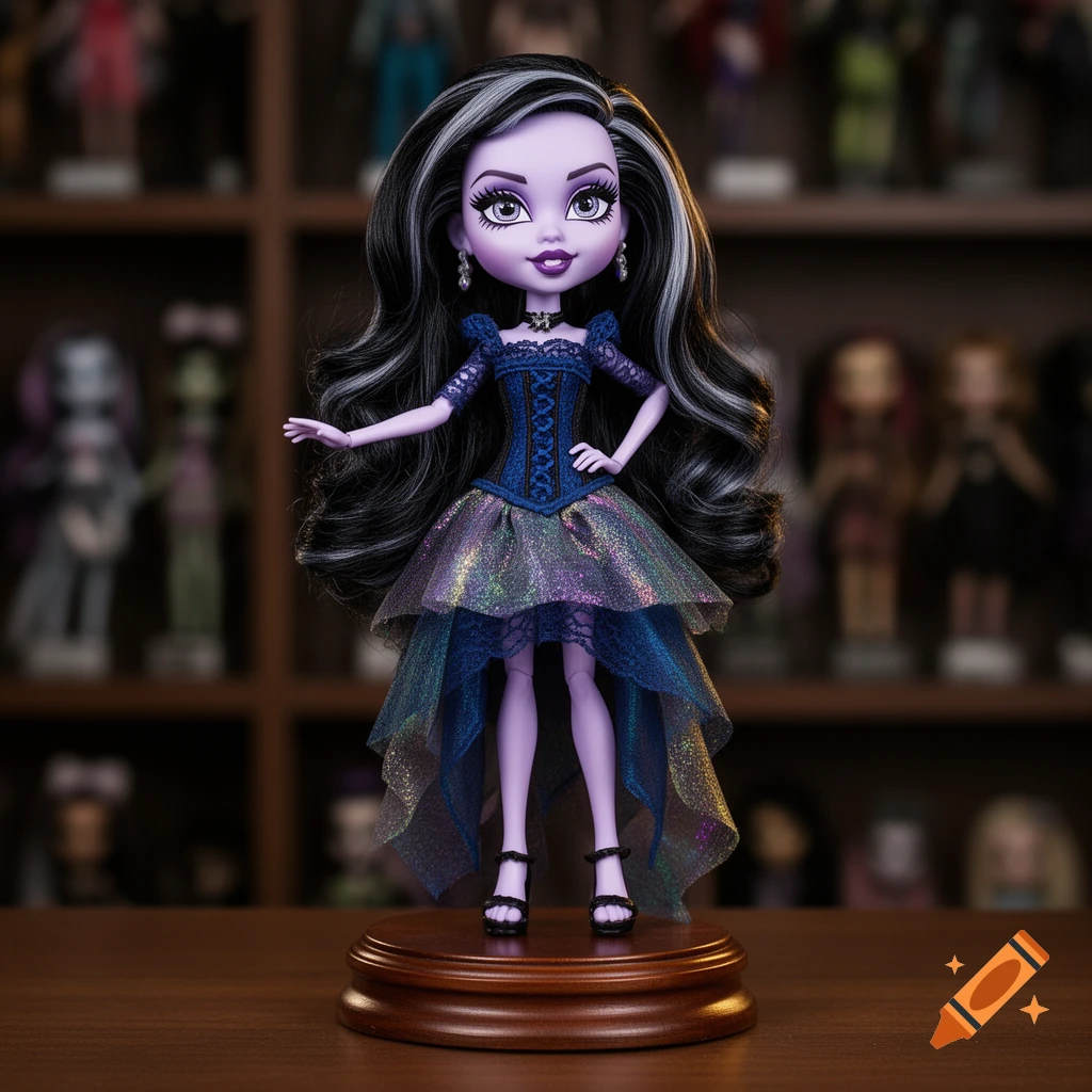 A doll with purple skin, long black hair with white streaks, wearing a blue and purple tiered sparkly dress, standing on a wooden base.