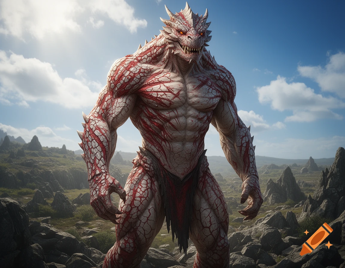 Muscular red and white dragon barbarian with a feral look stands in a rocky landscape under a blue sky, digital art.