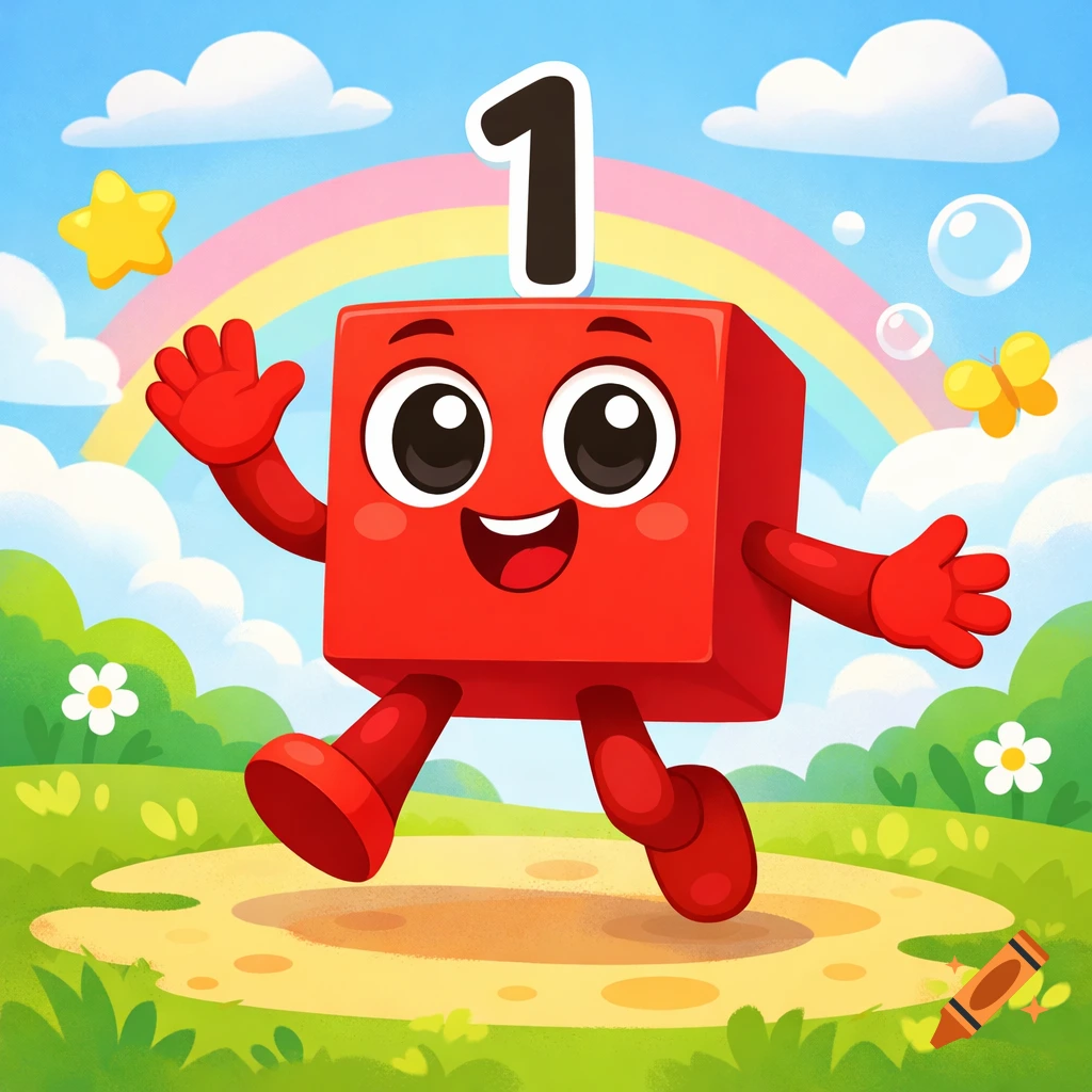 A happy, red cartoon number block with a '1' on its head waves and runs in a sunny, green landscape with a rainbow.