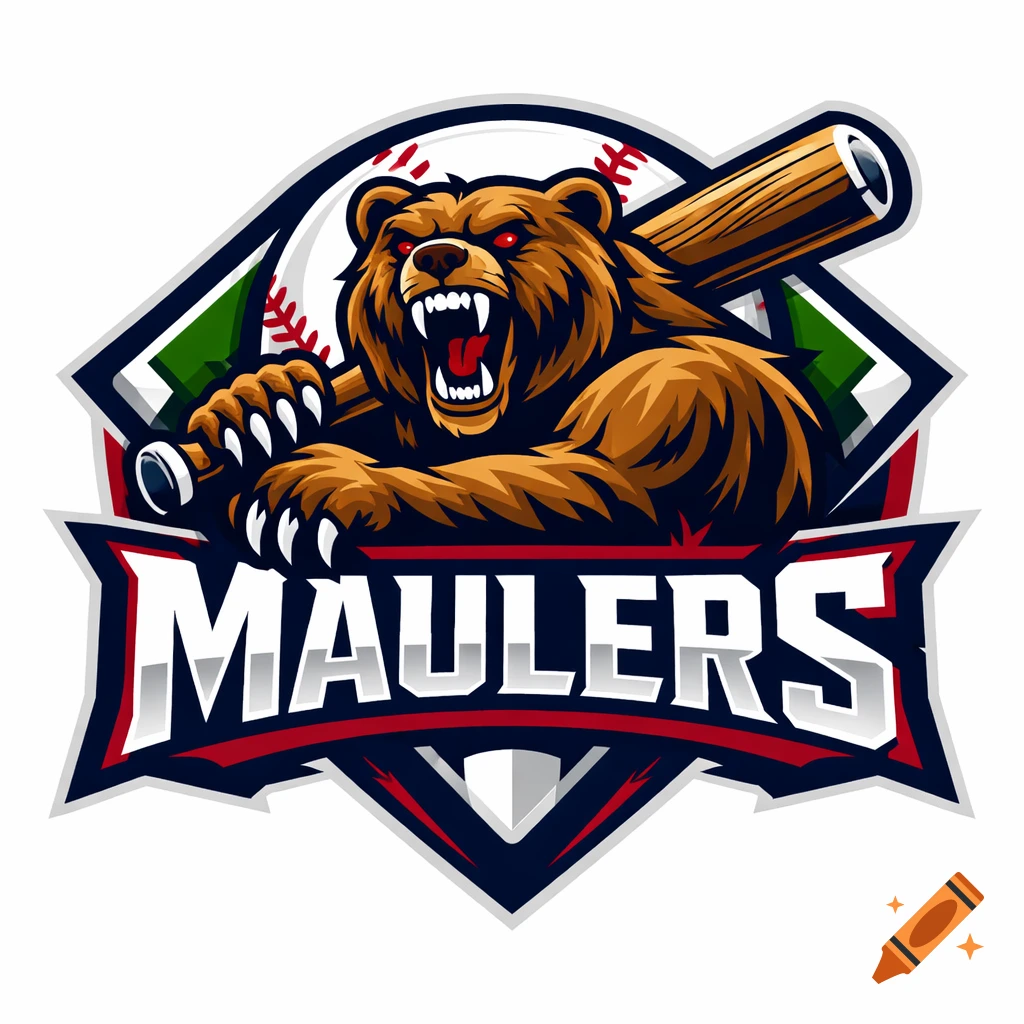 Fierce brown bear mascot with red eyes and a baseball bat, roaring above MAULERS text, in a navy blue and red sports team logo.