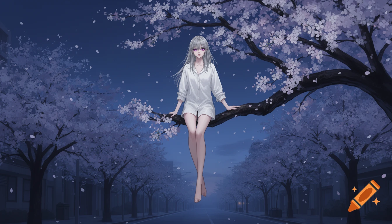 A white-haired anime woman with purple eyes sits on a cherry blossom tree branch above a dark street at night, with petals falling.