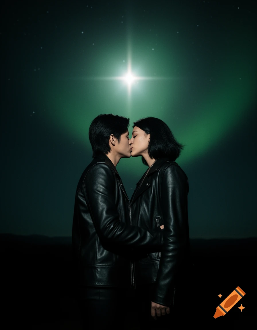 A couple in black leather jackets kissing under a night sky with a bright star and green aurora.