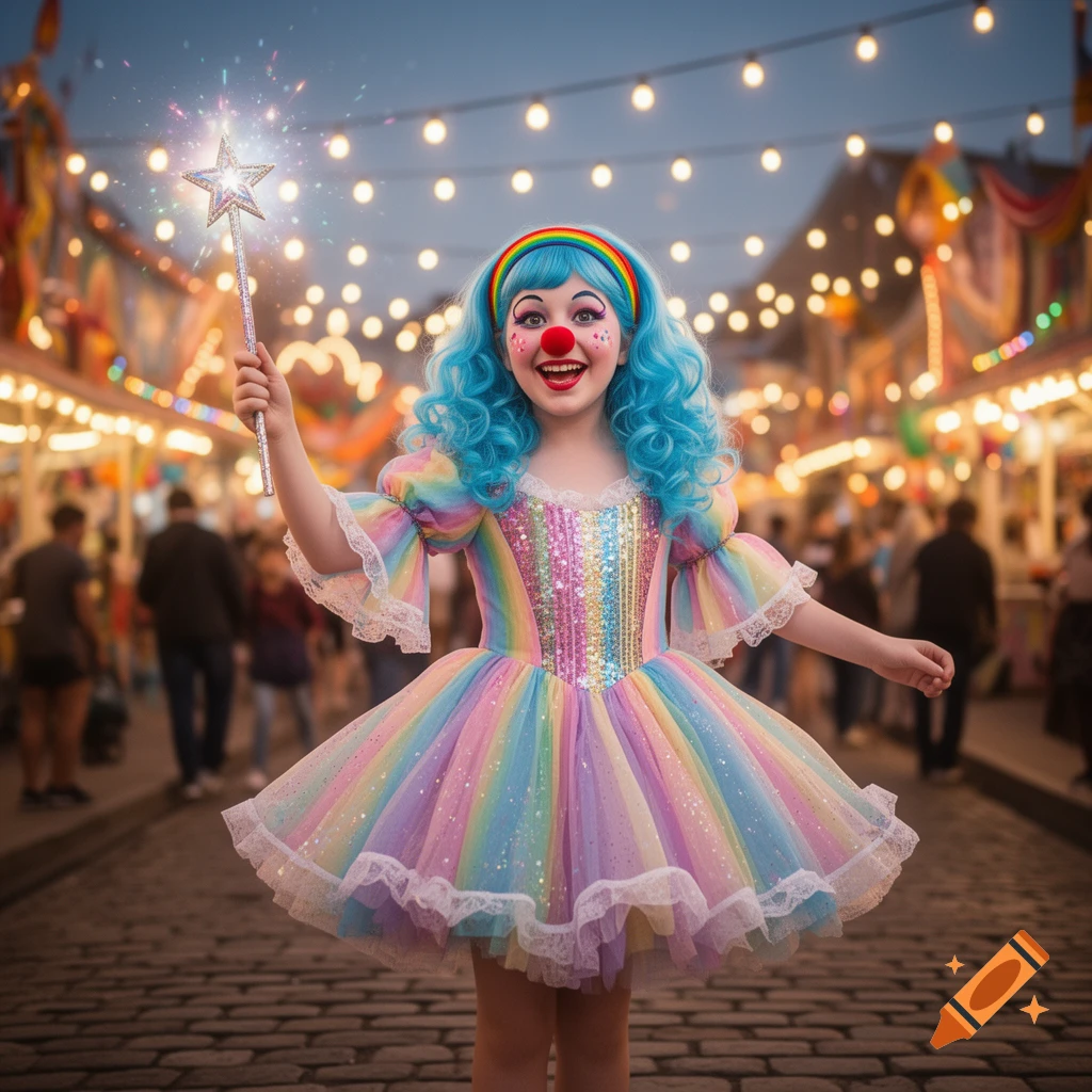A joyful girl in a colorful clown dress with blue hair, a rainbow headband, and a sparkling star wand at a carnival.