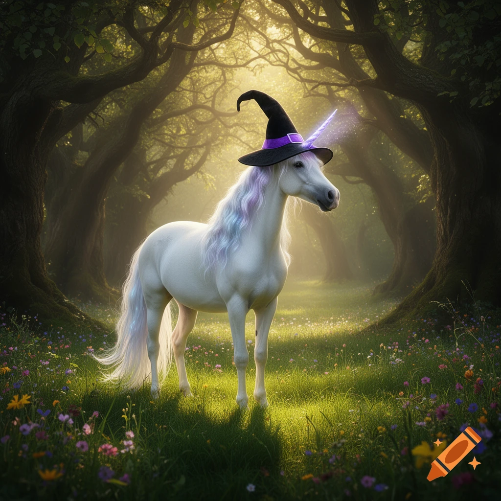 A white unicorn with a rainbow mane wears a black witch hat in a sunny, enchanted forest with wildflowers.