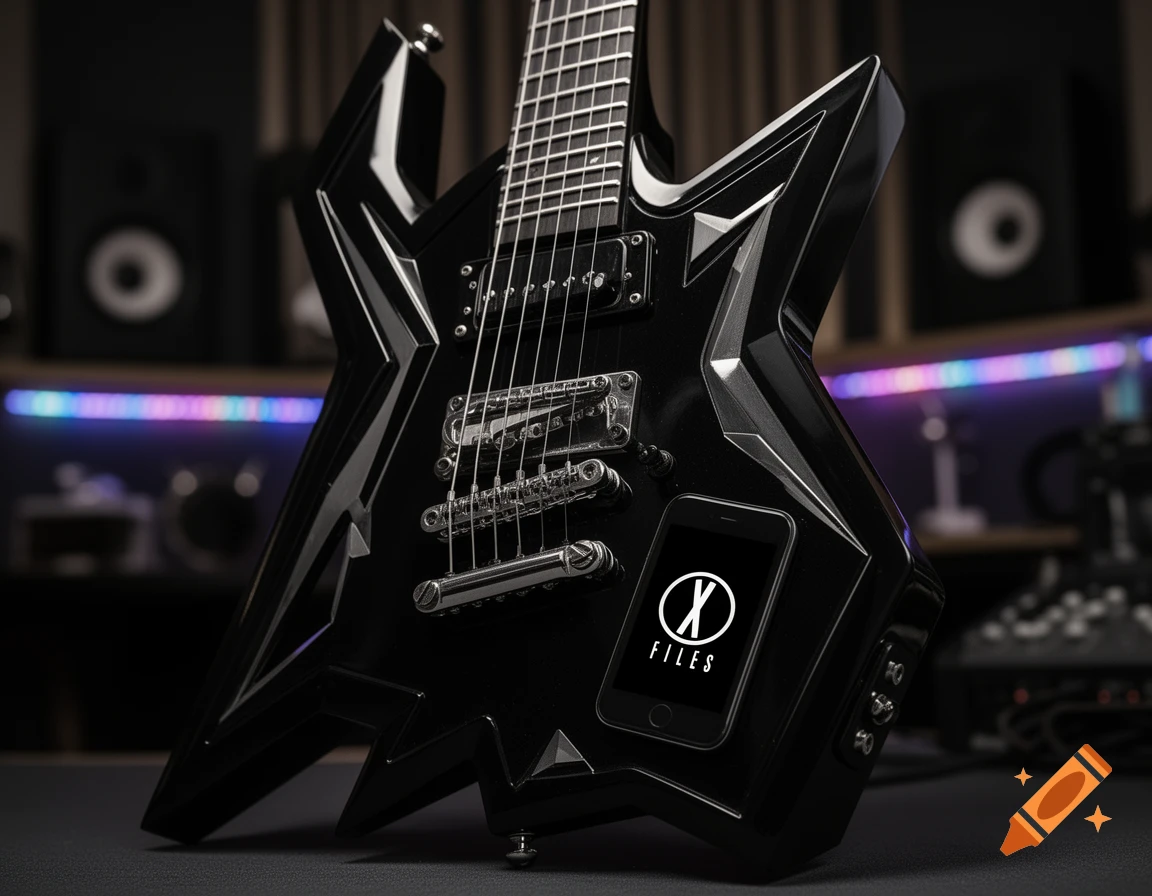 Close-up of a black, angular electric guitar with a smartphone embedded in its body displaying the X-FILES logo, in a dimly lit studio.