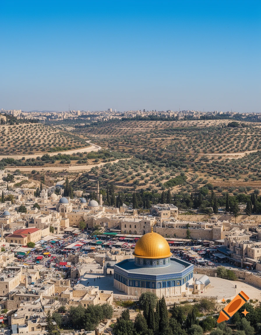 Aerial view of Jerusalem with the golden Dome of the Rock, city buildings, a bustling market, and olive groves.