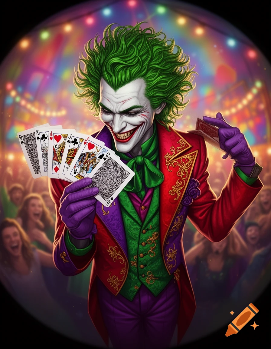 The Joker in a red and green suit, smiling maniacally while holding a hand of playing cards against a vibrant carnival background.