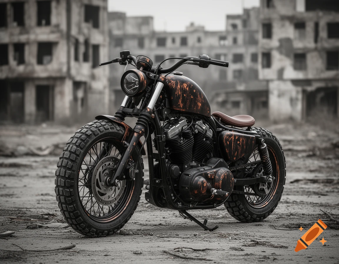 A custom black and copper bobber motorcycle with knobby tires sits on dirt in front of ruined buildings in an apocalyptic style.