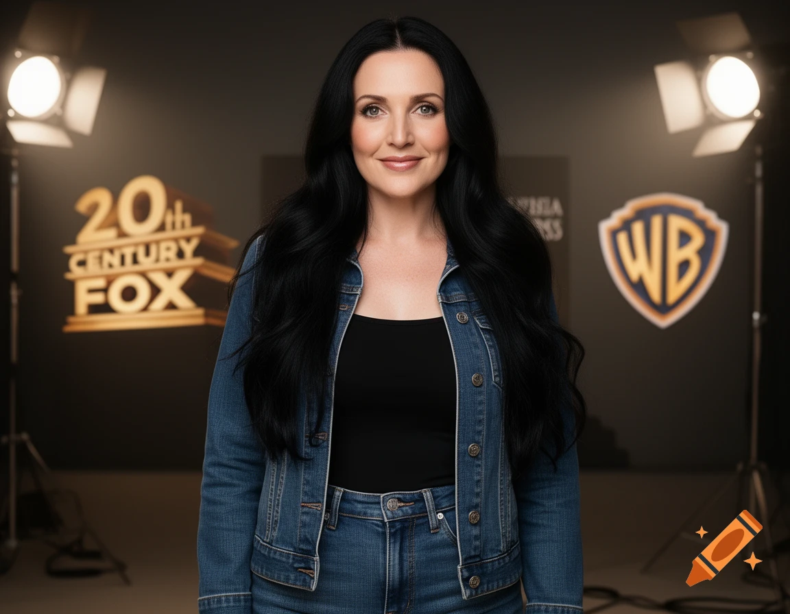 A woman in a denim jacket stands in a studio with 20th Century Fox and Warner Bros. logos behind her.