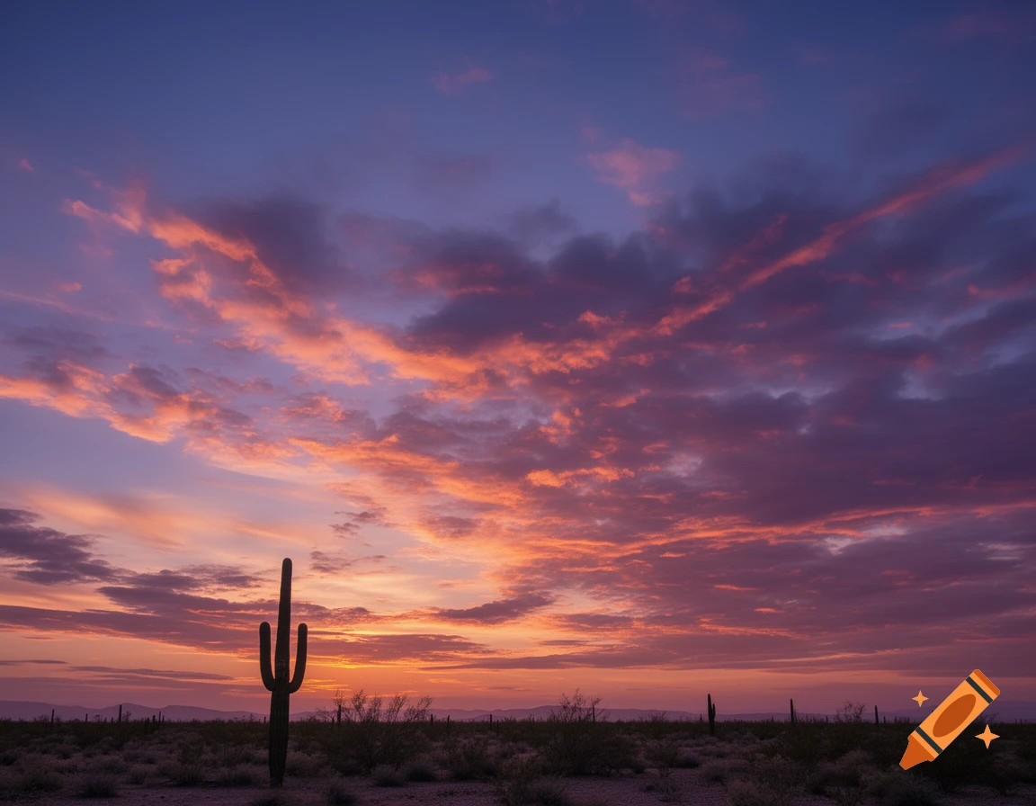A saguaro cactus silhouetted against a vibrant purple and orange sunset ...